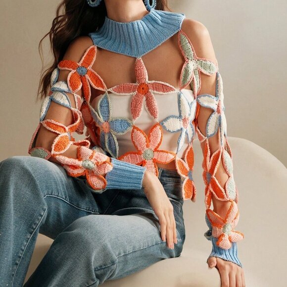 Blue Casual Women's Floral Pattern Sheer Long Sleeve Loose Sweater - Picture 4 of 7